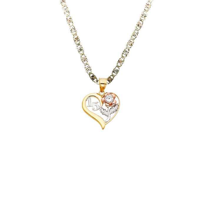 14k Quince Gold Necklace - Tri Tone Gemstone Heart Flower 15 Años Gold Pendant - Solid Chain - LE0359