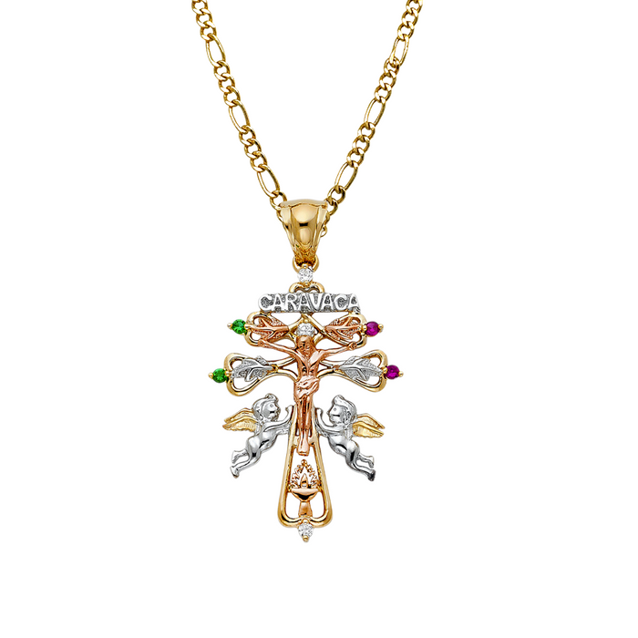 14k Gold Cross Necklace - Tri Tone Caravaca Gold Crucifix - Solid Chain - LE0938