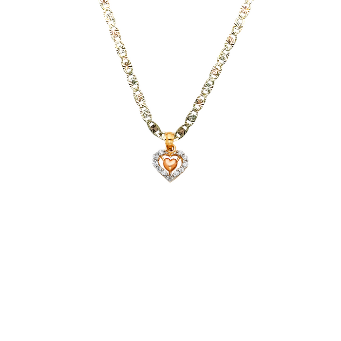 14k Gold Heart Necklace -  Two Tone Gemstone Double Gold Heart Pendant - Solid Chain - LE0439