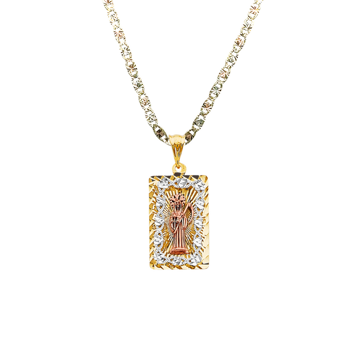 14k Gold Santa Muerte Necklace - Tri Tone Diamond Cut Santa Muerte Gold Pendant - Solid Chain - LE3211