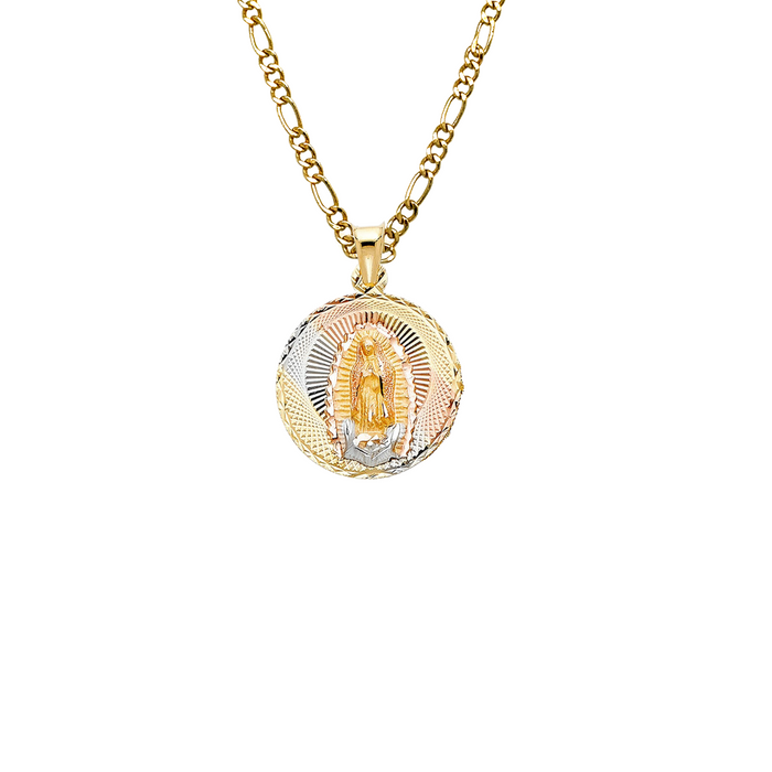 14k Gold Virgin Mary Necklace - Tri Tone Diamond Cut Virgin Mary Christ Gold Pendant - Solid Chain - LE0312