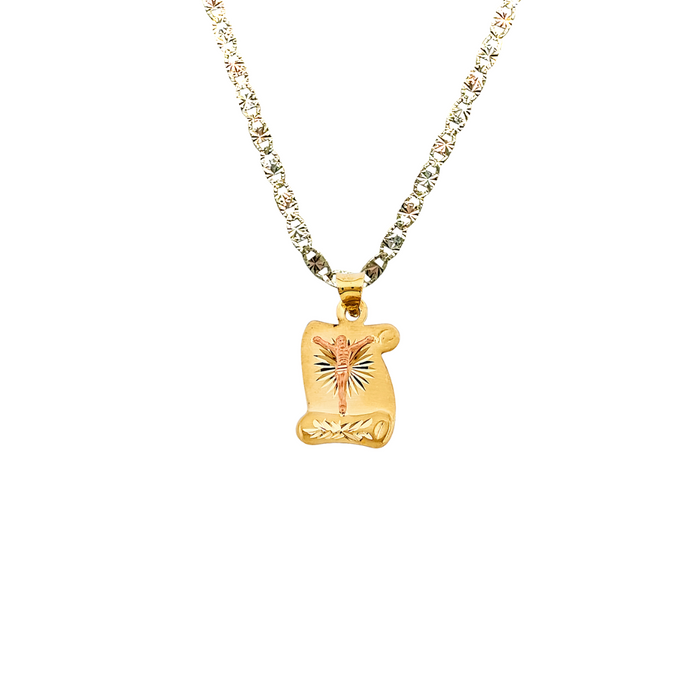 14k Gold Jesus Necklace - Two Tone Diamond Cut Scroll Jesus Gold Pendant - Solid Chain - LE2896