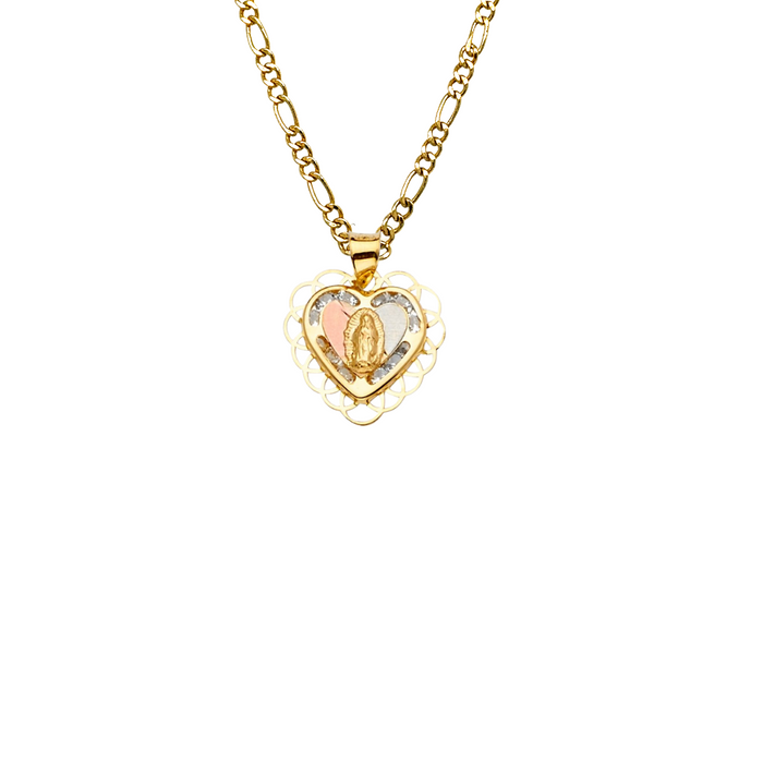 14k Gold Virgin Mary Necklace - Two Tone Heart Gemstone Virgin Mary Gold Pendant - Solid Chain - LE2296