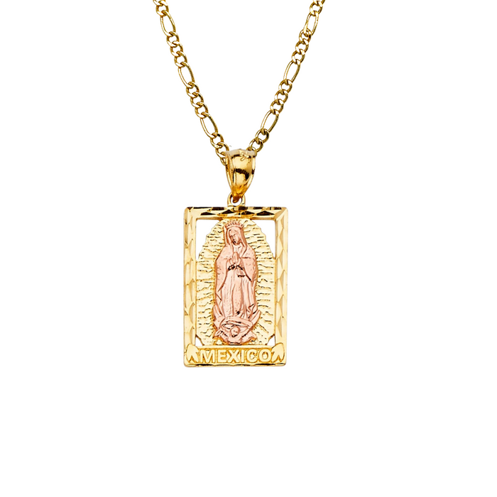 14k Gold Virgin Mary Necklace - Rectangle Frame Mexico Virgin Mary Gold Pendant - Solid Chain - LE2282