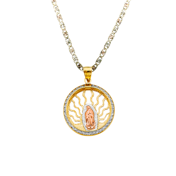 14k Gold Virgin Mary Necklace - Tri Tone Round Gemstone Virgin Mary Gold Pendant - Solid Chain - LE2721