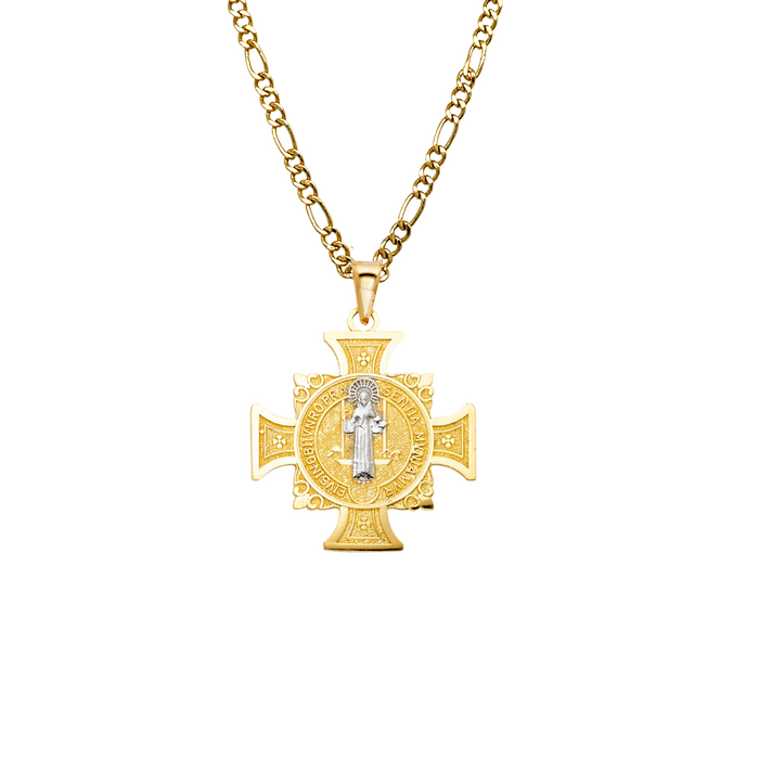 14k Gold Medalla San Benito - Two Tone San Benito Cross Gold Pendant - Solid Chain - LE0103