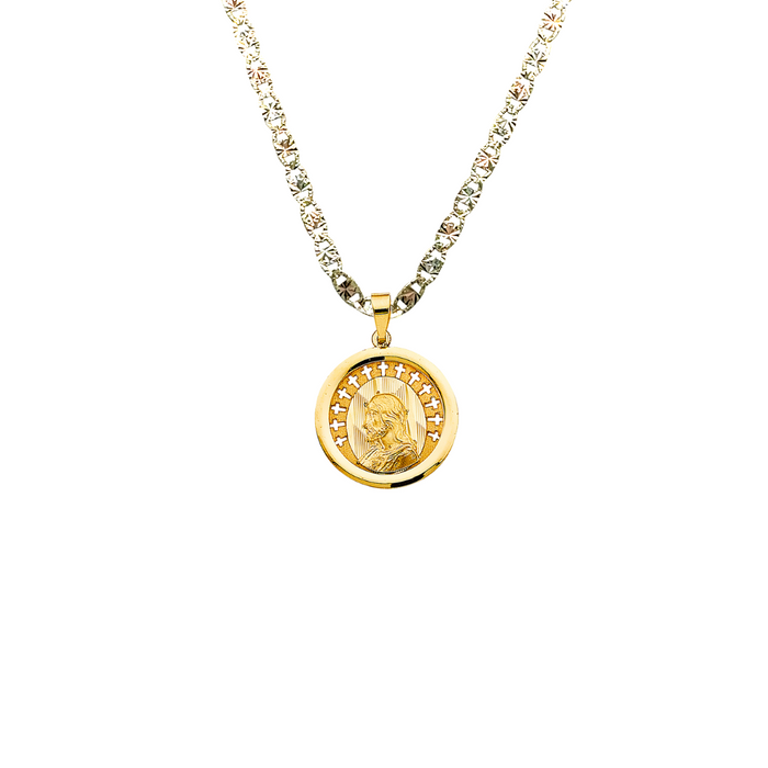 14k Gold Jesus Necklace - High Polish Round Jesus Gold Pendant - Solid Chain - LE3058