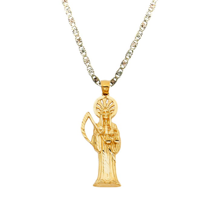14k Gold Santa Muerte Necklace - Diamond Cut Santa Muerte Gold Pendant - Solid Chain - LE1157
