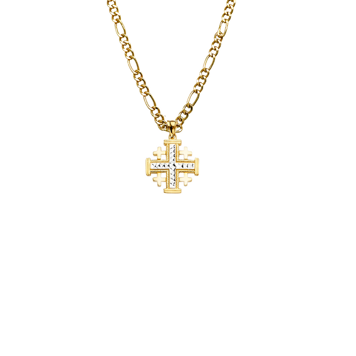 14k Gold Cross Necklace - Emerald Design Gold Cross - Solid Chain - LE2209