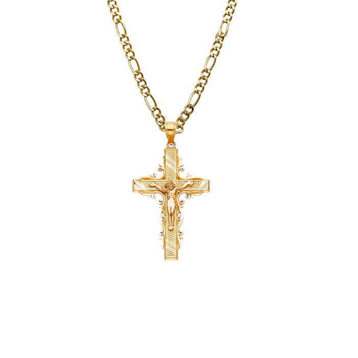 14k Gold Cross Necklace - Fancy Ornate Gold Crucifix - Solid Chain - LE0992