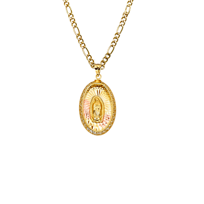 14k Gold Virgin Mary Necklace - Oval Gemstone Virgin Mary Gold Pendant - Solid Chain - LE2305