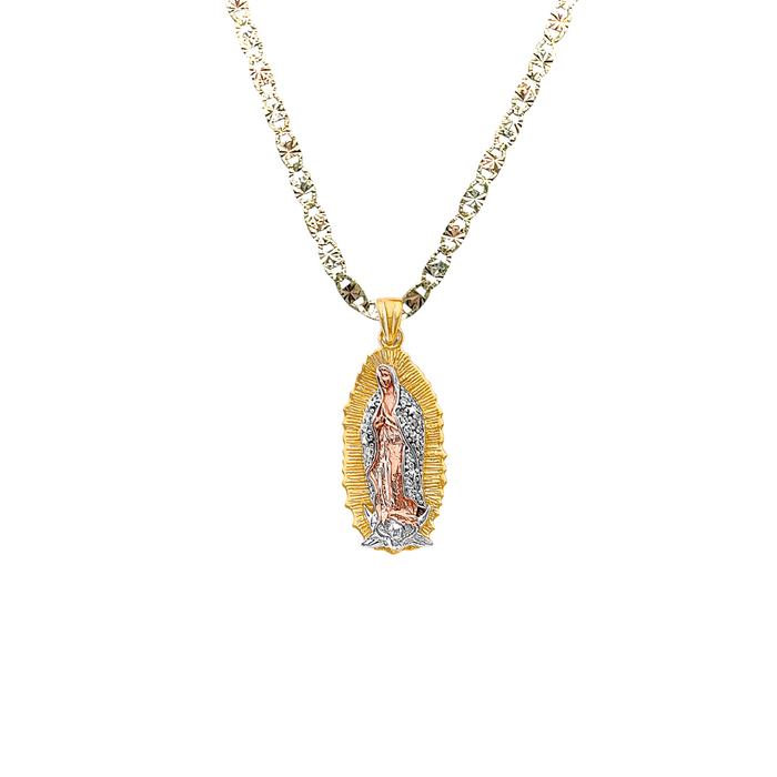 14k Gold Virgin Mary Necklace - Tri Tone Green Gemstone Cloak Virgin Mary Gold Pendant - Solid Chain - LE3180