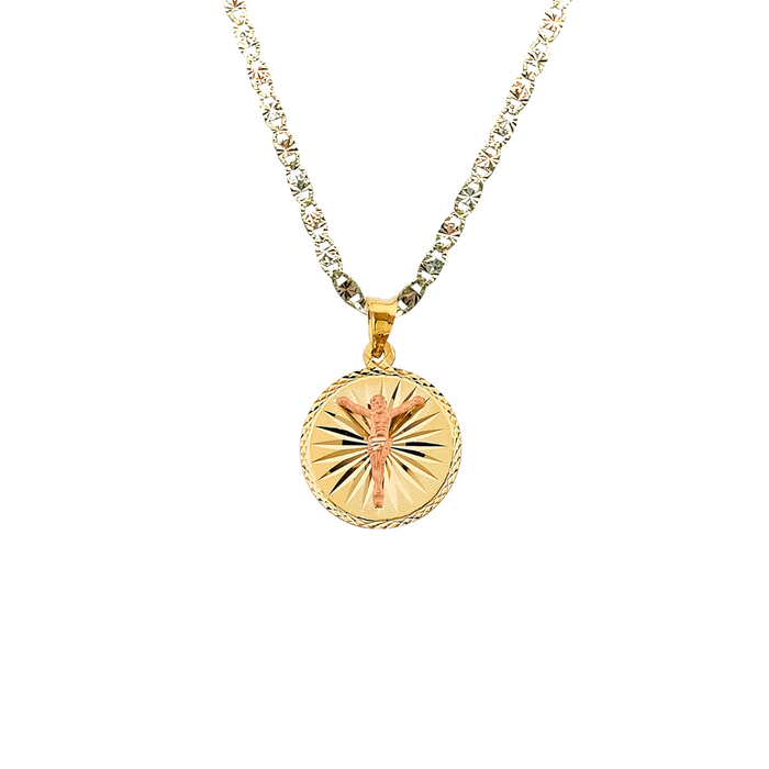 14k Gold Jesus Necklace - Two Tone Diamond Cut Round Jesus Gold Pendant - Solid Chain - LE2898