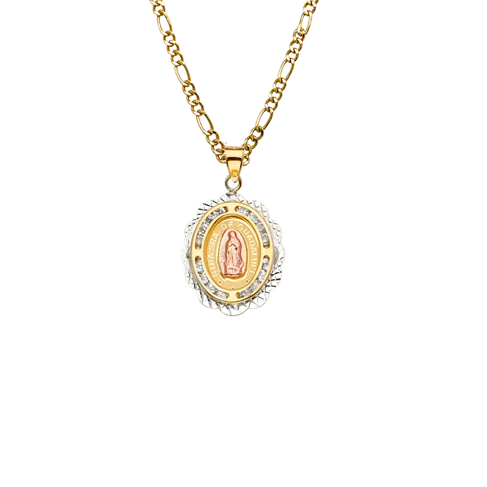 14k Gold Virgin Mary Necklace - Oval Gemstone Virgin Mary Gold Pendant - Solid Chain - LE2301