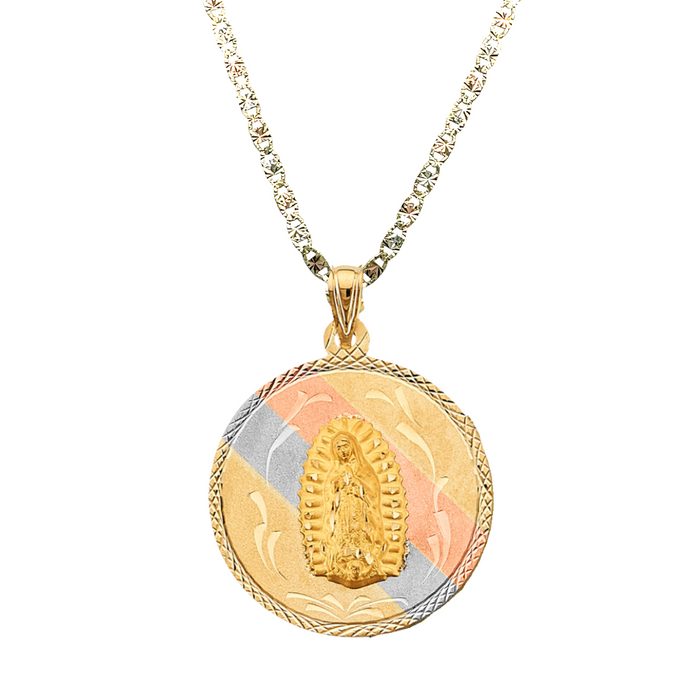 14k Gold Jesus Necklace - Tri Tone Double Sided Virgin Mary Sacred Heart Jesus Gold Pendant - Solid Chain - LE3142