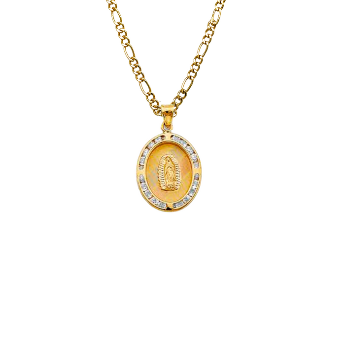 14k Gold Virgin Mary Necklace - Tri Tone Oval Gemstone Virgin Mary Gold Pendant - Solid Chain - LE1305