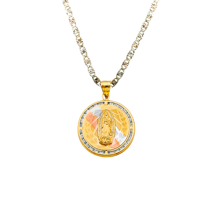 14k Gold Virgin Mary Necklace - Tri Tone Round Gemstone Virgin Mary Gold Pendant - Solid Chain - LE2722
