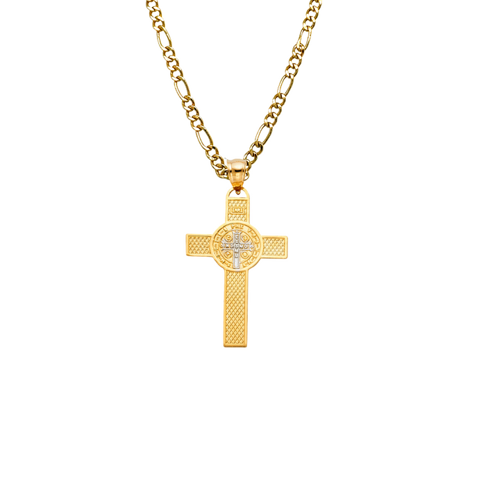 14k Gold Medalla San Benito - Two Tone San Benito Cross Gold Pendant - Solid Chain - LE1147