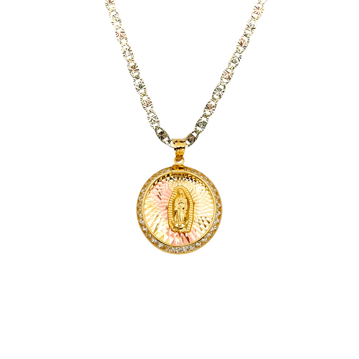 14k Gold Virgin Mary Necklace - Round Gemstone Virgin Mary Gold Pendant - Solid Chain - LE2303