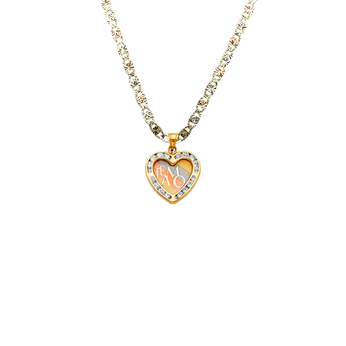 14k Gold Heart Necklace - Tri Tone Te Amo Gemstone Gold Heart Pendant - Solid Chain - LE1328