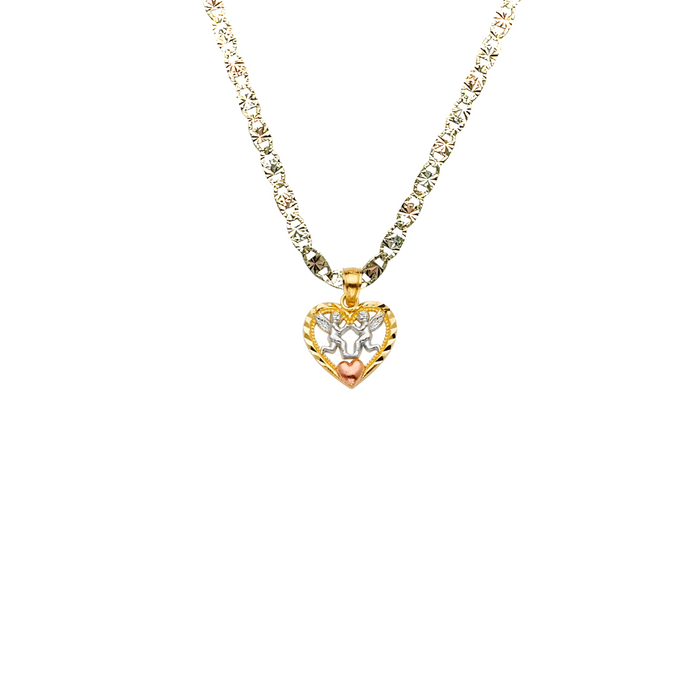 14k Gold Heart Necklace - Tri Tone Angels Gold Heart Pendant - Solid Chain - LE2268