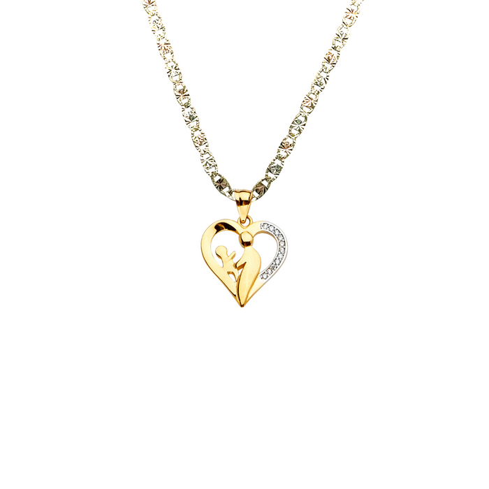 14k Gold Mom Necklace - Mother Child Gemstone Heart Gold Pendant - Solid Chain - LE2385