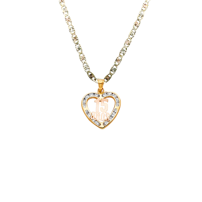 14k Quince Gold Necklace - Gemstone Heart 15 Años Gold Pendant - Solid Chain - LE0813