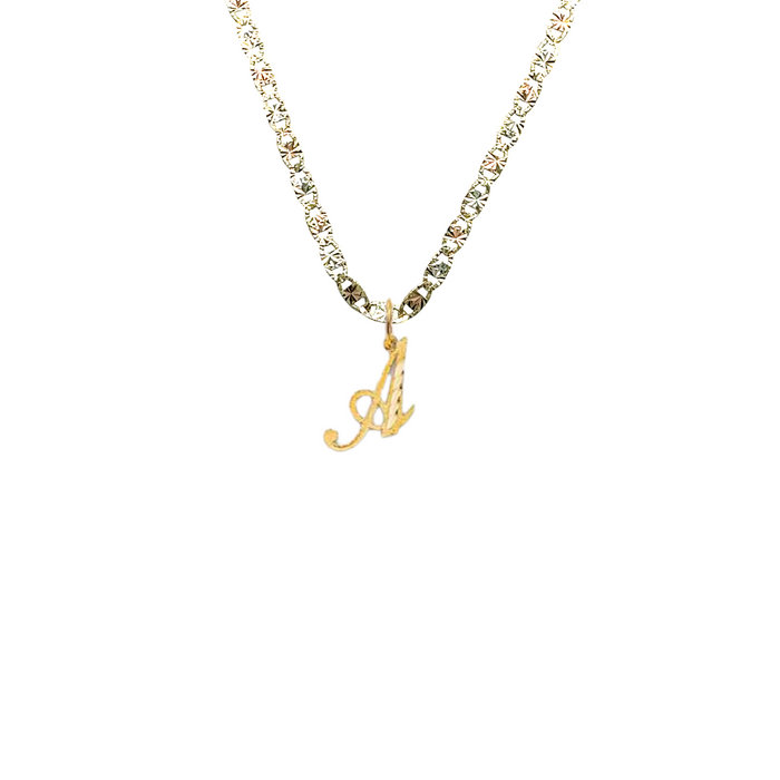 14k Gold Initial Necklace - Diamond Cut Cursive Initial Gold Pendant - Solid Valentino Chain - LE2055VC