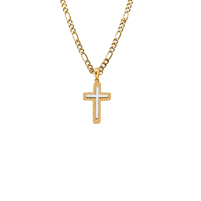 14k Gold Cross Necklace - Two Tone Textured Gold Cross - Solid Chain - LE2730
