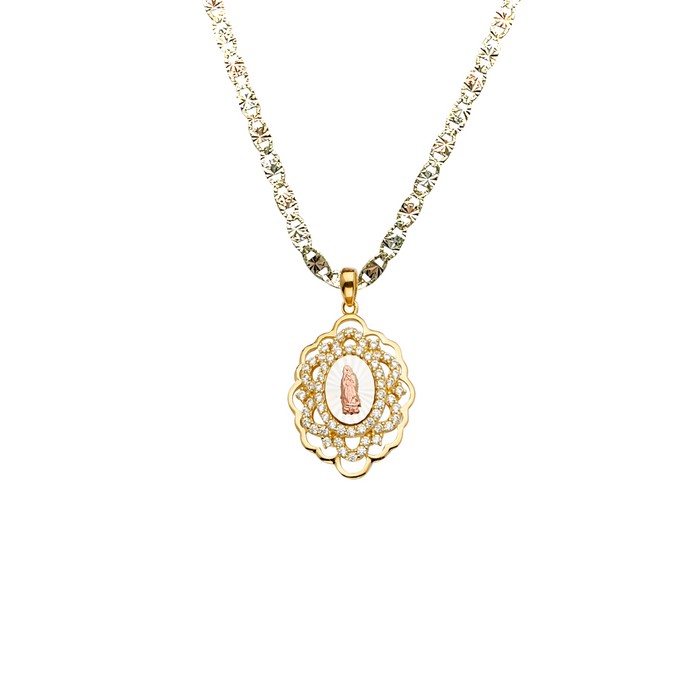 14k Gold Virgin Mary Necklace - Gemstone Fancy Virgin Mary Gold Pendant - Solid Chain - LE2288