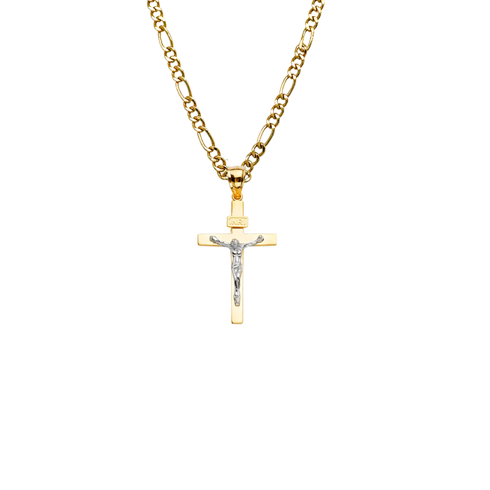 14k Gold Cross Necklace - High Polish Two Tone Gold Crucifix - Solid Chain - LE2194