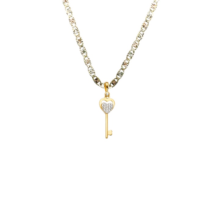14k Gold Heart Necklace - Gemstone Heart Key Gold Pendant - Solid Chain - LE2372