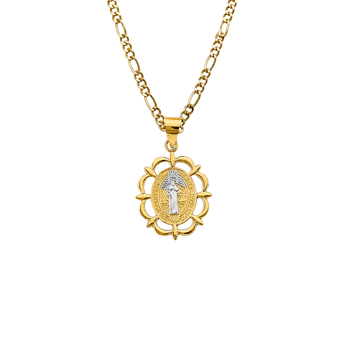 14k Gold Medalla San Benito - Two Tone Oval San Benito Gold Pendant - Solid Chain - LE2875