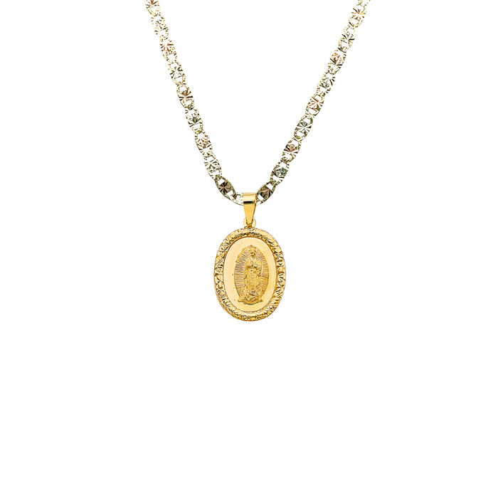 14k Gold Virgin Mary Necklace - Textured Edge Oval Virgin Mary Gold Pendant - Solid Chain - LE3066