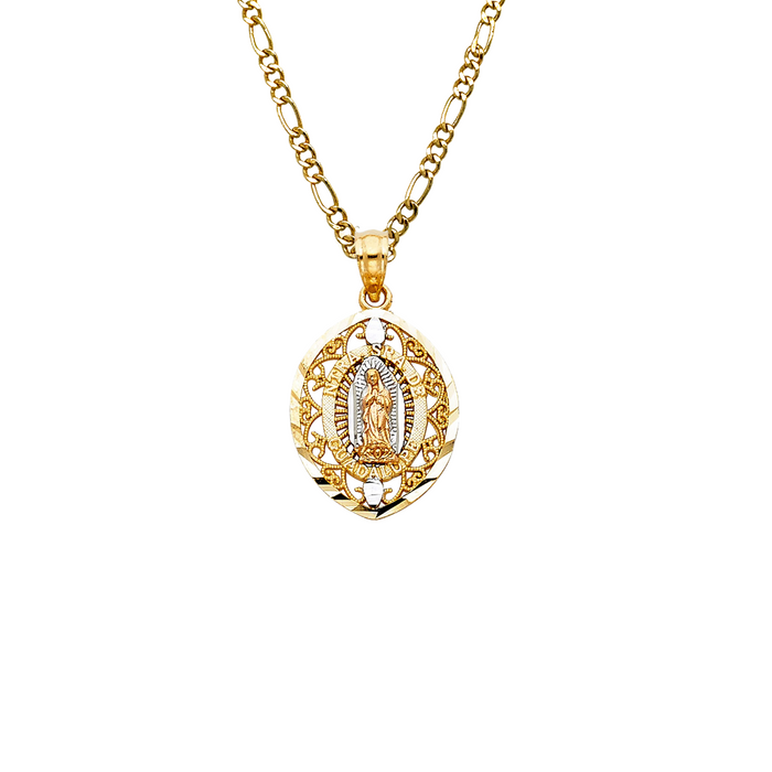 14k Gold Virgin Mary Necklace - Tri Tone Guadalupe Virgin Mary Gold Pendant - Solid Chain - LE1114