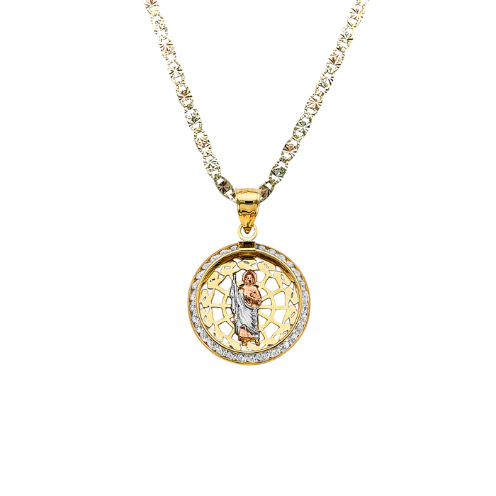 14k Gold San Judas Chain - Round Gemstone San Judas Gold Pendant - Solid Chain - LE3050