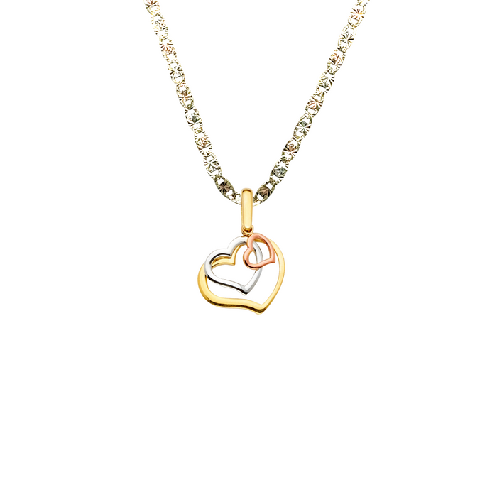 14k Gold Heart Necklace - Tri Tone Intertwined Gold Hearts Pendant - Solid Chain - LE2364