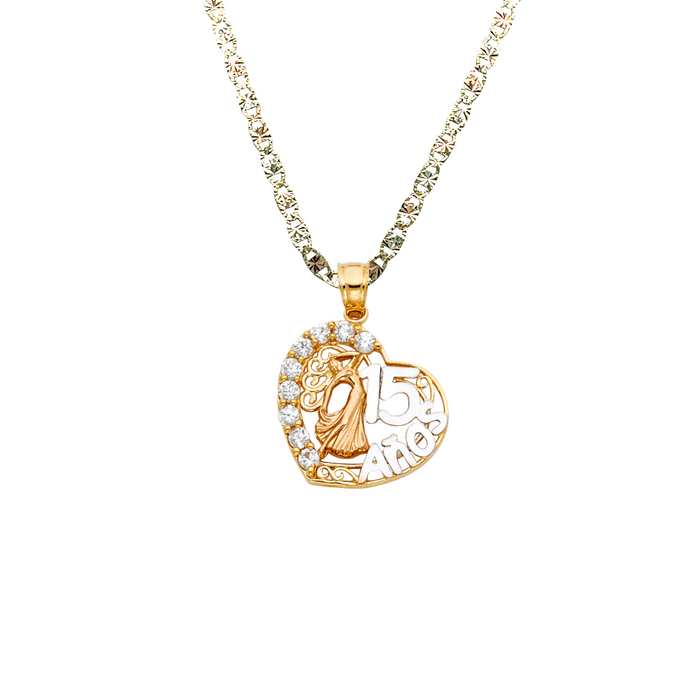 14k Quince Gold Necklace - Tri Tone Heart Gemstone 15 Años Gold Pendant - Solid Chain - LE1874