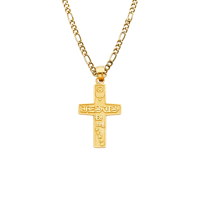 14k Gold Cross Necklace - Jesus Es Mi Senor Old English Gold Cross - Solid Chain - LE1031