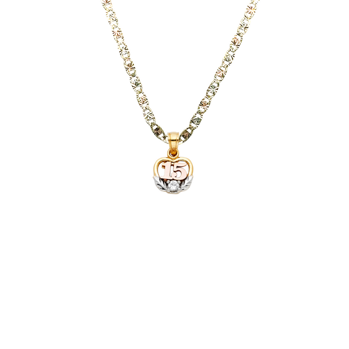 14k Quince Gold Necklace - Tri Tone Gemstone 15 Gold Pendant - Solid Chain - LE0368