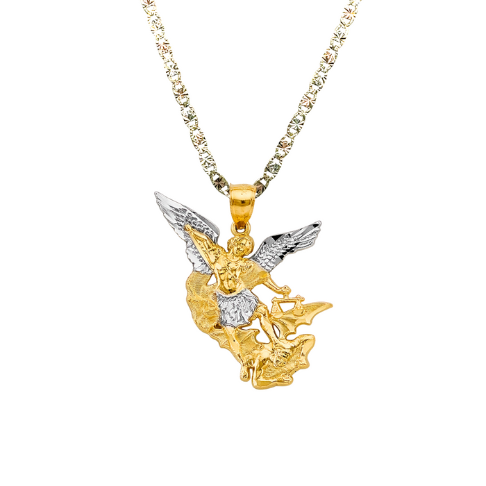 14k Gold Saint Michael Pendant - Two Tone Archangel Gold Pendant - Solid Chain - LE2777