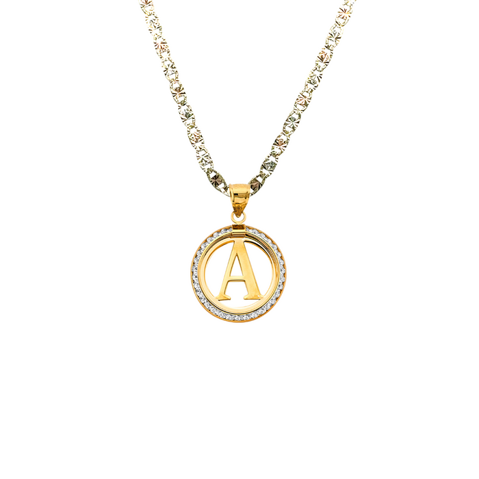 14k Gold Initial Necklace - Round Gemstone Initial Gold Pendant - Solid Valentino Chain - LE3242VC