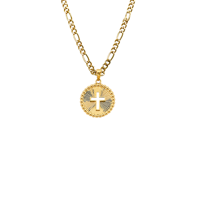 14k Gold Cross Necklace - Diamond Cut Medallion Gold Cross - Solid Chain - LE2738