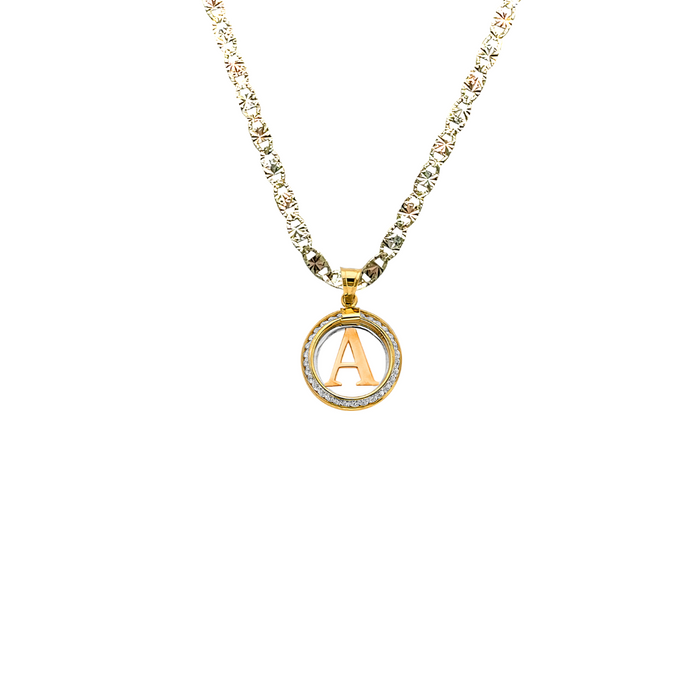 14k Gold Initial Necklace - Round Gemstone Initial Gold Pendant - Solid Valentino Chain - LE3245VC