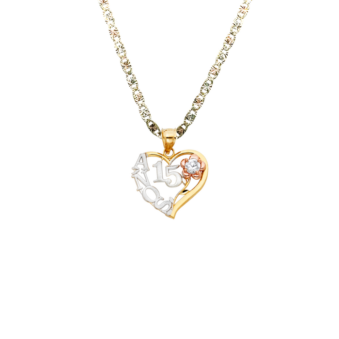 14k Quince Gold Necklace - Tri Tone Gemstone Heart Flower 15 Años Gold Pendant - Solid Chain - LE0358
