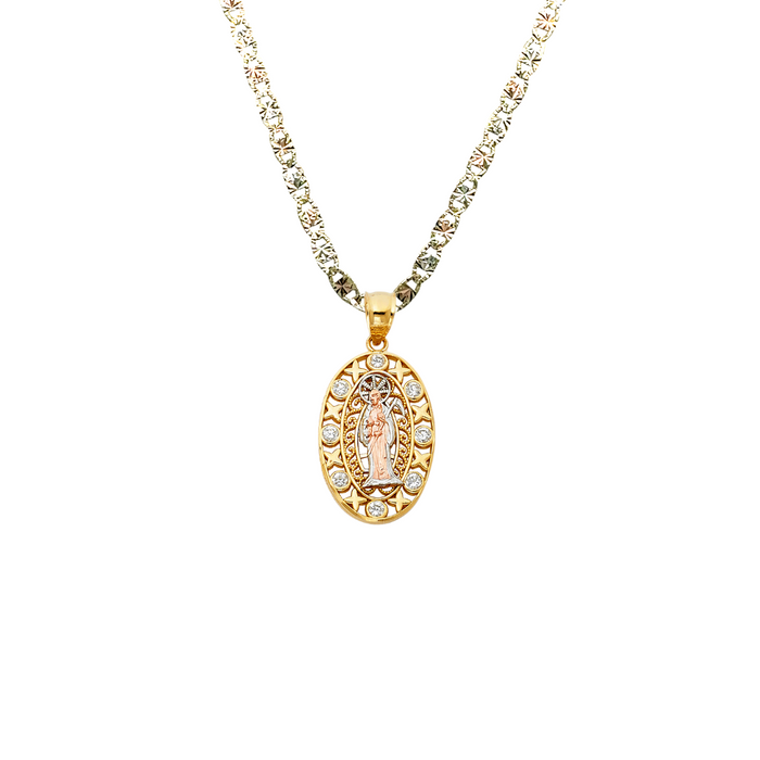 14k Gold Santa Muerte Necklace - Tri Tone Gemstone Santa Muerte Gold Pendant - Solid Chain - LE1164