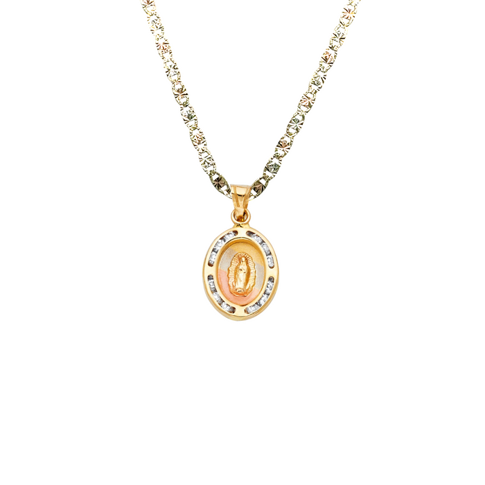 14k Gold Virgin Mary Necklace - Two Tone Gemstone Virgin Mary Gold Pendant - Solid Chain - LE0198