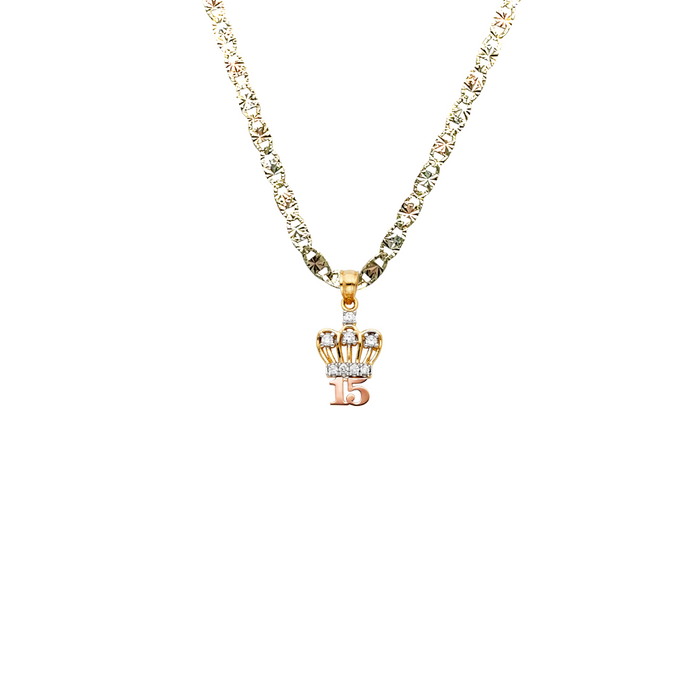 14k Quince Gold Necklace - Gemstone Crown 15 Gold Pendant - Solid Chain - LE1885
