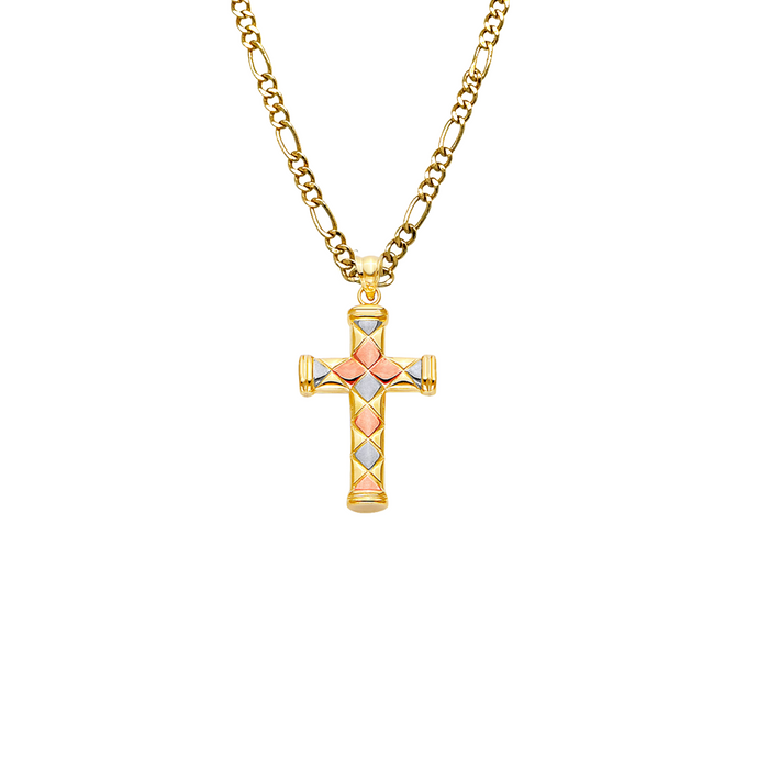 14k Gold Cross Necklace - Tri Tone Gold Cross - Solid Chain - LE2532