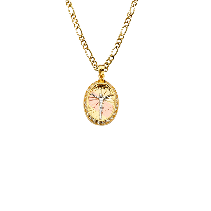 14k Gold Jesus Necklace - Tri Tone Oval Gemstone Jesus Gold Pendant - Solid Chain - LE2255